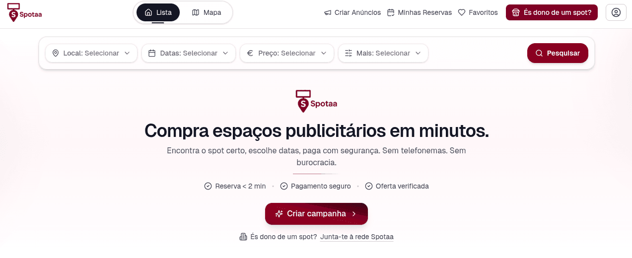 Homepage screenshot of spotaa.eu out-of-home advertising platform